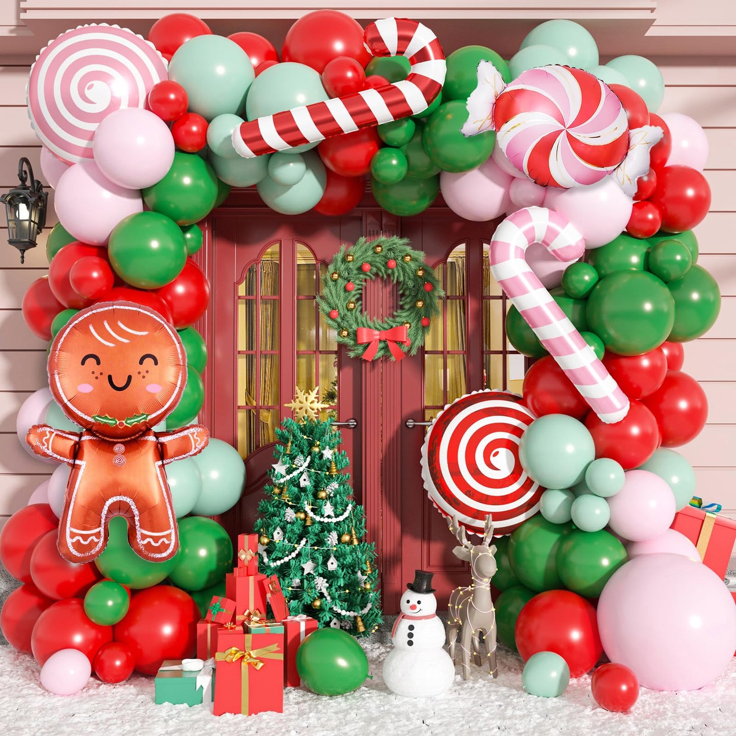 Christmas Balloon Garland Arch Kit, 115 PCS Xmas Balloon Decorations with Pink Red Green Latex Balloons Gingerbread Man Foil Balloons Candy Cane House Helium for Kids Christmas New Year Party Supplies