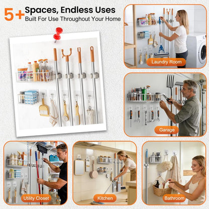 11 Pack Broom Holder Wall Mount Self Adhesive,Broom and Mop Organizer Wall Hanging with Cleaning Supplies Organizer and Utility Hooks Grippers,Broom Hanger Storage Rack for Closet Cabinet Laundry Room