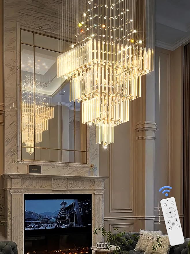 D32''X H110'' High Ceiling Chandelier Crystal Raindrop Chandeliers Staircase Large Chandelier Villa Entrance Foyer Hanging Light High Ceiling Pendant Light Fixture with LED Dimmable