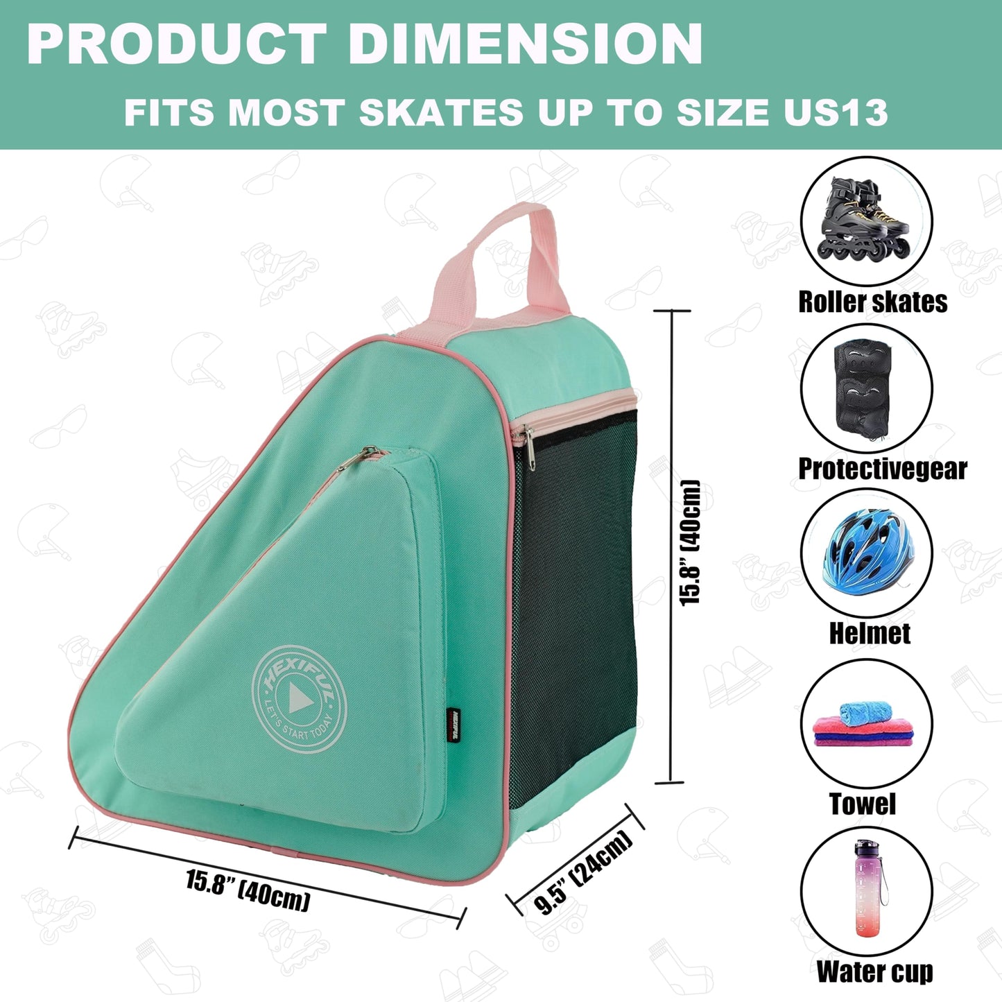 HEXIFUL Skate Bag to Carry Ice Skates, Inline Skates, Roller Skates and Quad Skates for Both Kids and Adults (Mint/Pink)