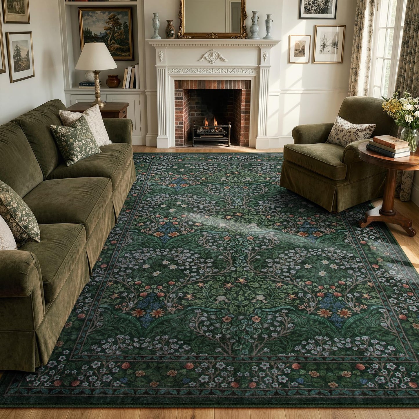 Lahome Dark Green Area Rugs 8x10, Soft 8x10 Washable Rugs for Living Room Dining Room, Boho Floral Non-Slip Forest Large Throw Carpet for Farmhouse Bedroom Office, Dark Green