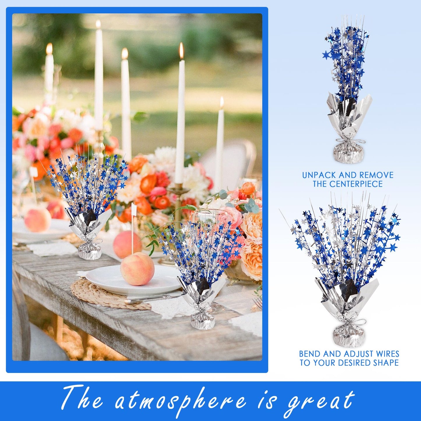 Metallic Foil Spray Centerpieces 12 Pack Star Table Decorations with Weighted Base, Metallic Starburst Table Centerpiece for Graduation 2026, Birthday, Party Decorations (Silver Navy Blue)