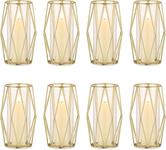 Nuptio Gold Pillar Candle Holder: 8 Pcs Glass Hurricane Candles Holders with Geometric Metal Rack Stand for Wedding Birthday Party Centerpieces - Decorative Flower Vase for Office Living Room