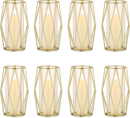 Nuptio Gold Pillar Candle Holder: 8 Pcs Glass Hurricane Candles Holders with Geometric Metal Rack Stand for Wedding Birthday Party Centerpieces - Decorative Flower Vase for Office Living Room