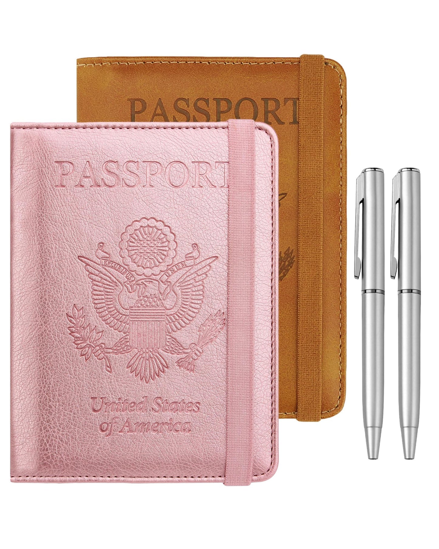 WALNEW Passport Holder for Travel, RFID Passport Cover Wallet for Women Men, PU Leather Passport Book Card Holder Case with Pen (Elastic Band Closure, AA-Brown+Rosegold)