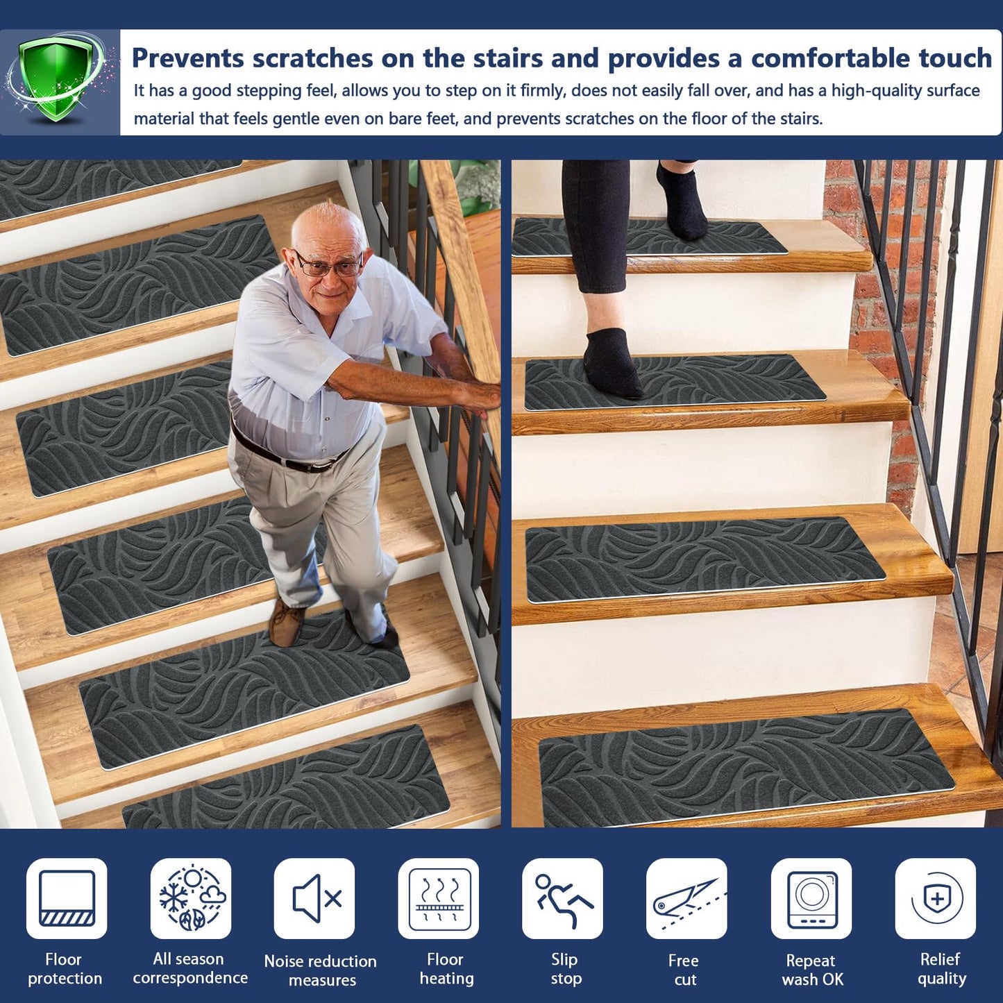 JAYFAN Non-Slip Stair Treads Mat Carpet for Wooden Steps(7/15 Pack), 21.6 x 7.4IN Self-Adhesive, Safety Indoor Stair Runner Mats, Anti Slip Stair Treads for Kids Elders and Dogs Pets