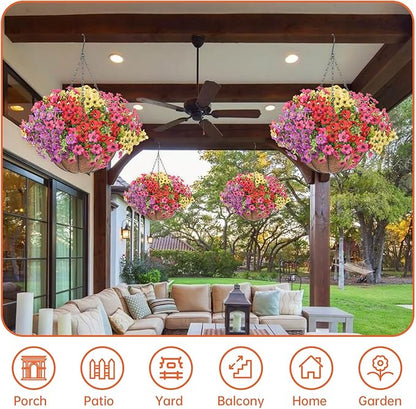 Artificial Hanging Faux Flowers Basket, Fake Silk Daisy Eucalyptus Plants Arrangement,for Spring Summer Outdoor Decoration,UV Resistant, Coconut Planter,Look Real for Home Garden Decor (Multi Color)