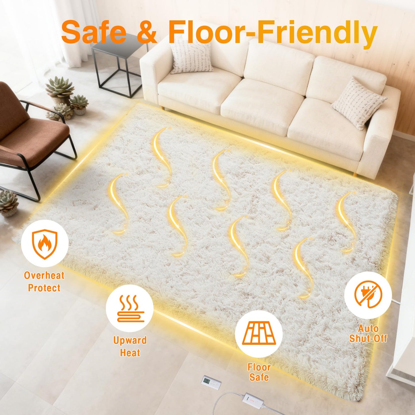 GarveeHome 5x7 ft Wireless Heated Floor Mat, Electric Heated Rug Gaming Rug with 6 Heat Levels & 10H Auto Off, Soft Plush Heating Carpet Foot Warmer for Living Room Bedroom Office Playroom, White