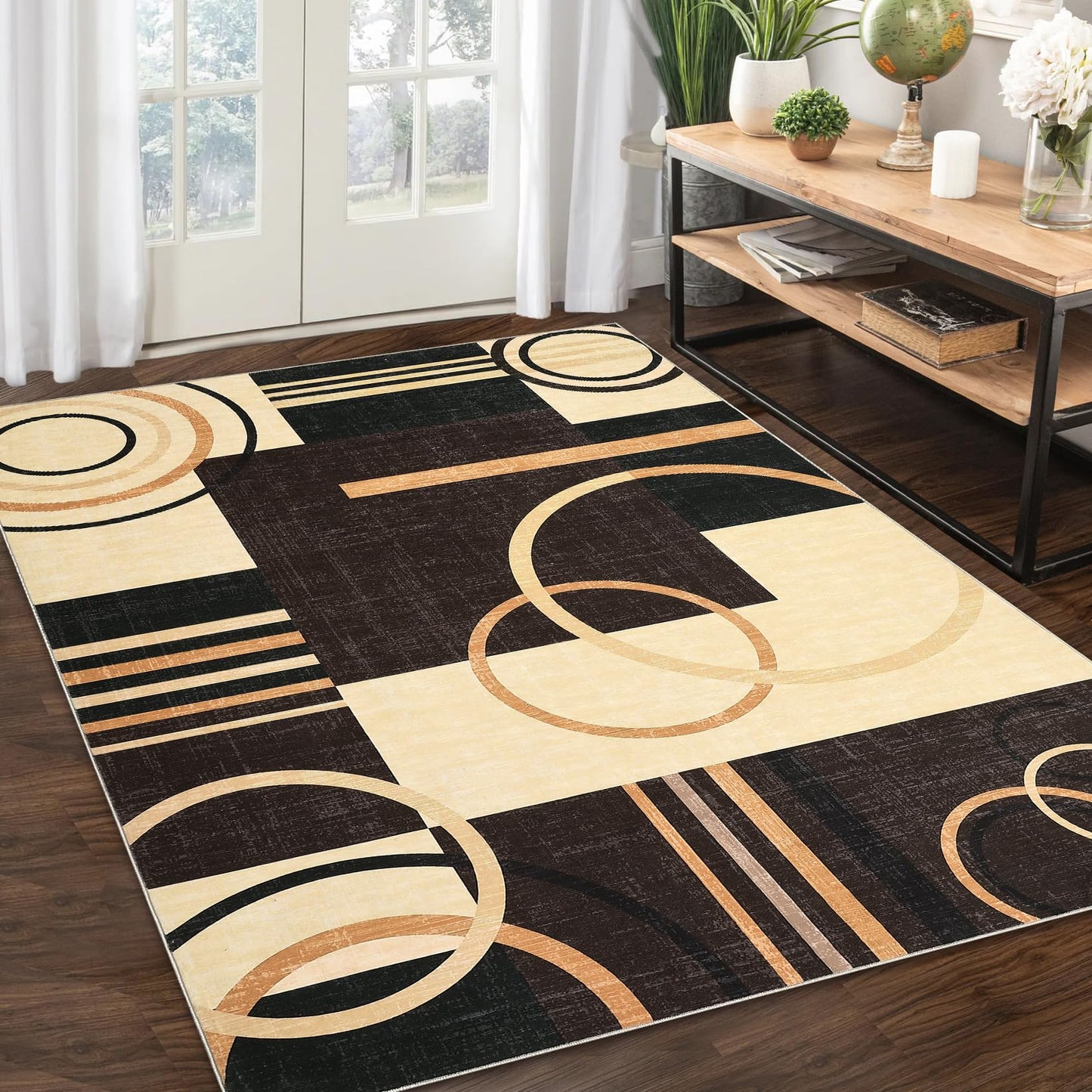 RUGSREAL Washable Rug 4x6 Abstract Circles Area Rugs Non Slip Floor Carpet Contemporary Soft Rug Low Pile Accent Rugs for Indoor Living Dining Room, Brown
