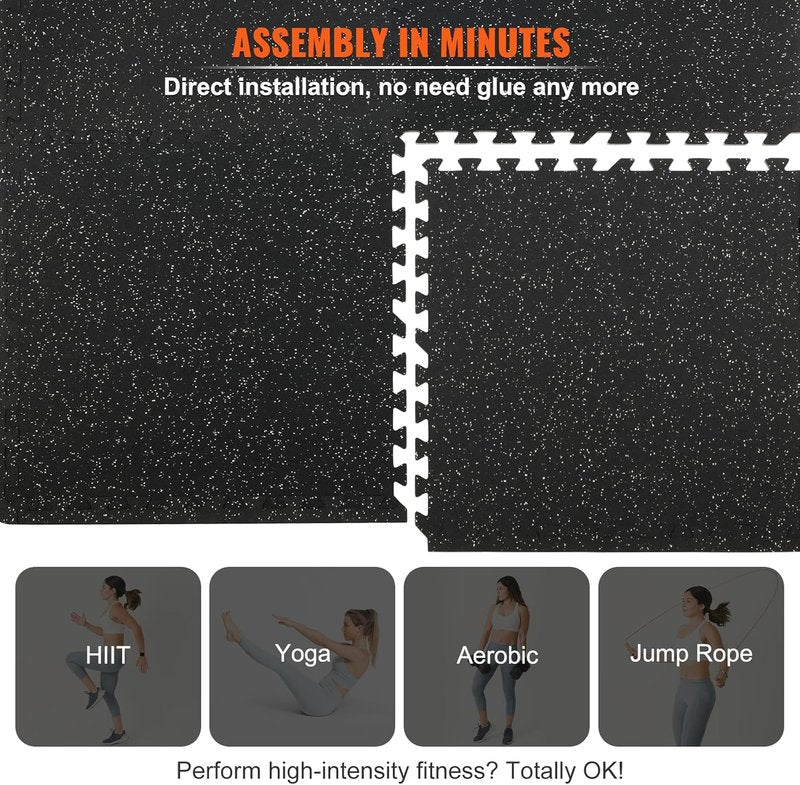 VEVOR Gym Flooring Tiles - Interlocking Rubber Mats with High-Density EVA Foam | 25 x 25In, Black & Gray, 48 sq.ft
