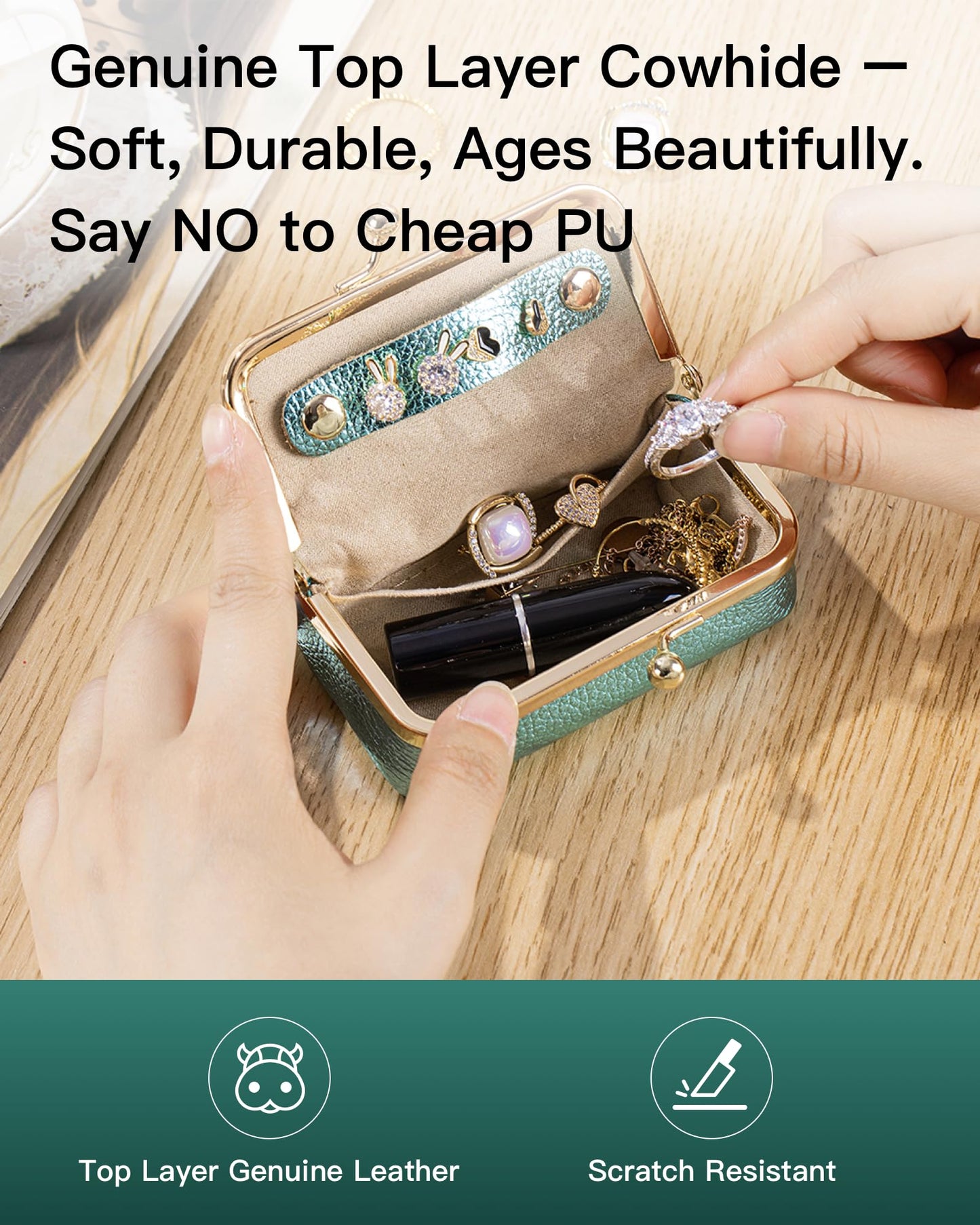 Nsciyise Genuine Leather Travel Jewelry Box, Mini Jewelry Organizer Case with Mirror for Women, Small Lipstick Bag for Purse, Cute Portable Gift for Her women giril (Green, Lridescent)