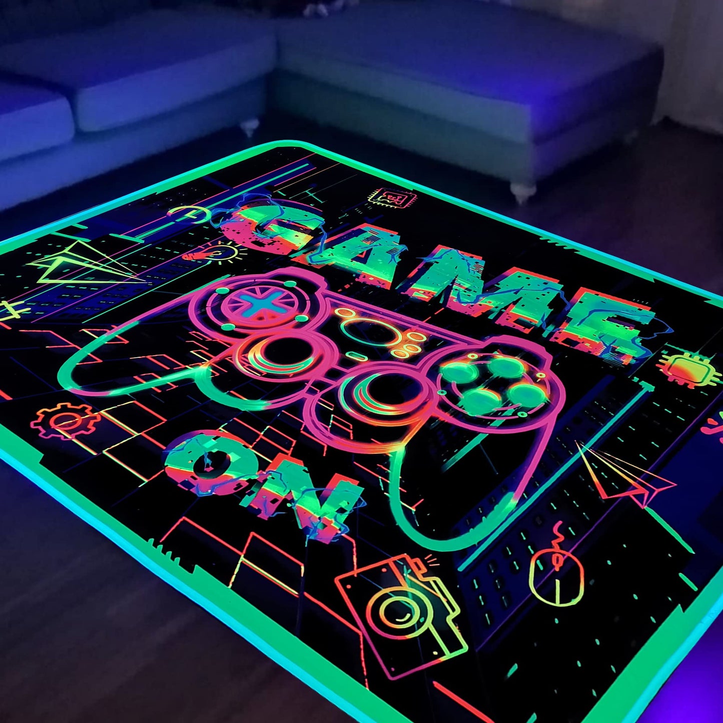KMkicme Gaming Area Rug Blacklight for Bedroom Decor Game Printed Carpet Gamer Rug Glow in The Black Light for Playroom Large Non-Slip Area Rug Kids Boys Girls Game Room Casual Mat 82x59 Inch
