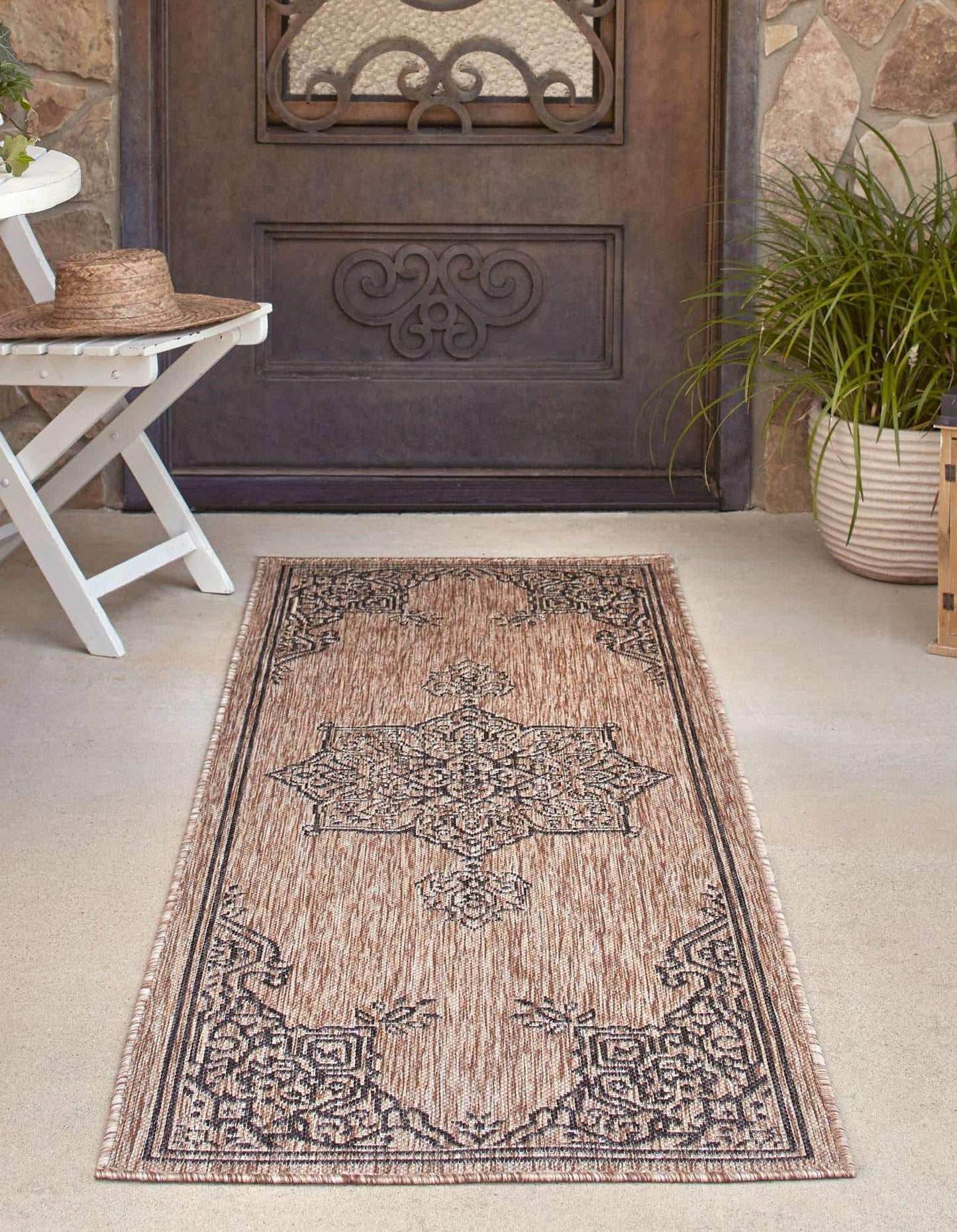 Unique Loom Outdoor Traditional Collection Area Rug - Antique (2' x 8' Runner Beige/Black)