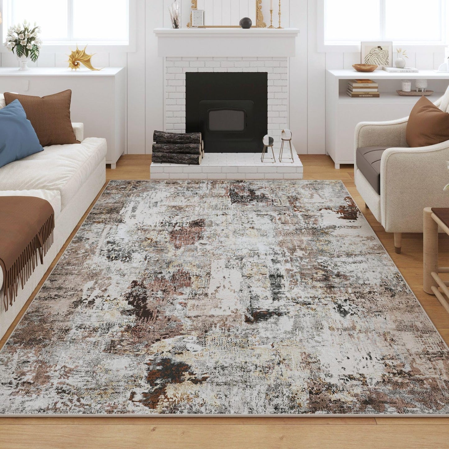 Rugcomf Modern Abstract Washable Rugs 8'x10' - Non-Slip Low Pile Area Rug, Large Boho Carpet for Living Room, Bedroom, Dining Room, Farmhouse, Kids Playroom, Office - Brown