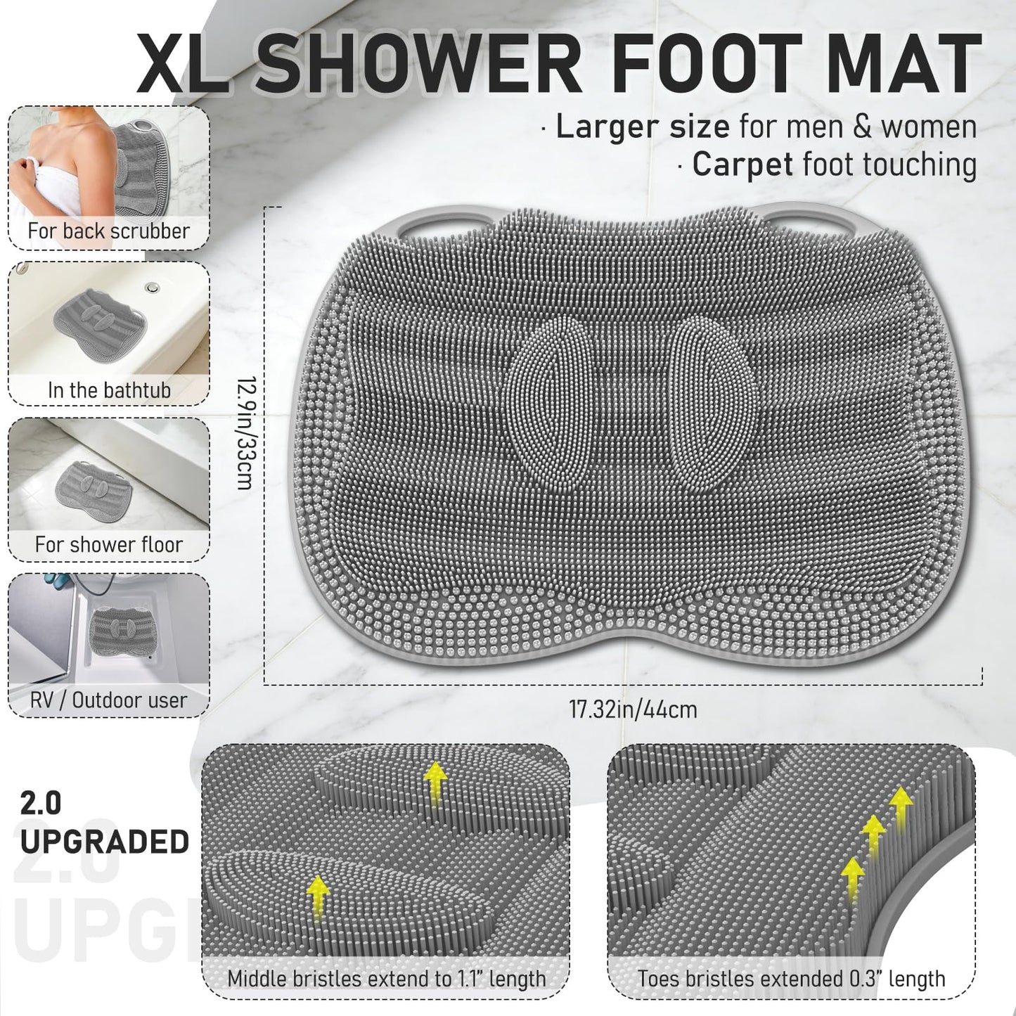 Mabnuby Shower Foot Scrubber Mat XL, Silicone Feet Toes Massage Cleaner -Upgraded Long Brush Pad Without Bending Non-Slip Suction Cups for Foot Bath Bathtub Exfoliate Smooth Skin 17.4x13 Grey