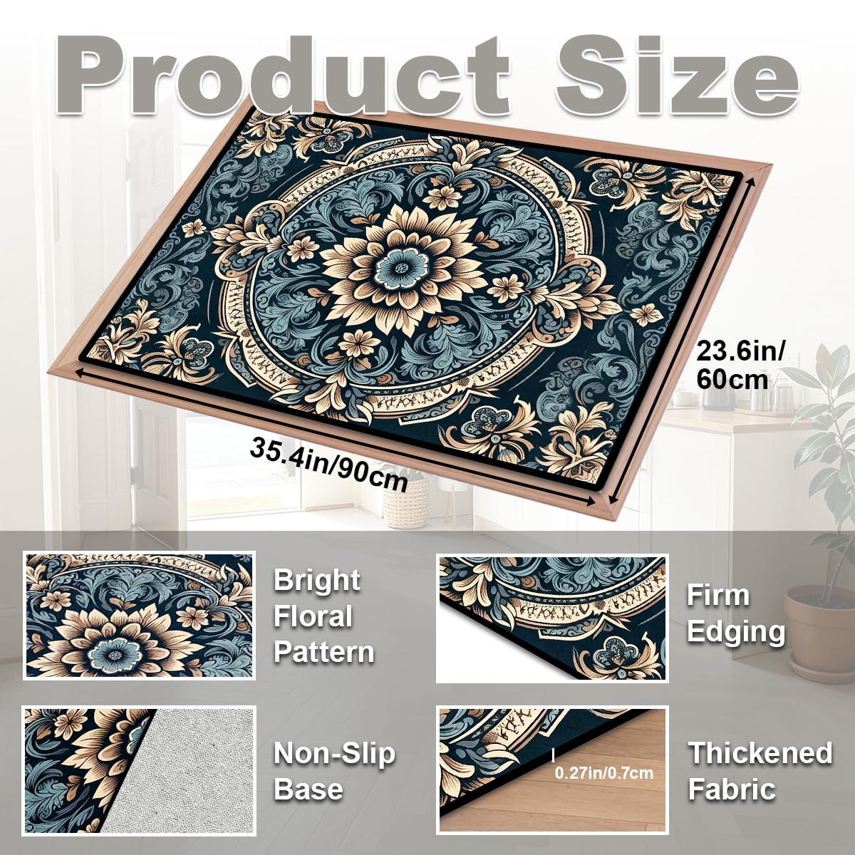 Washable Corridor Runner Rug, Non-Slip Hallway Rug with Upgrade Rubber Backing, Stain Resistant Faux Wool Distressed Carpet for Bedroom Kitchen Laundry Corridor Balcony (Navy Blue‌, 35.4" x 23.6")