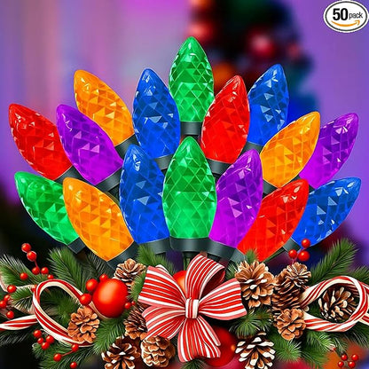 50 Count C9 Christmas Lights Outdoor, 26FT Diamond-Cut Multicolor LED String Lights, Connectable Green Wire Vintage Christmas Lights for House, Roofline, Trees, Garden & Christmas Outdoor Decorations