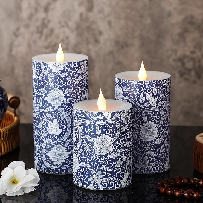 Baquler 3 Pcs Chinoiserie Flameless Pillar Candles Blue and White Floral Candles Battery Operated Decorative Porcelain LED Candlestick for Home Wedding Table Party Decoration