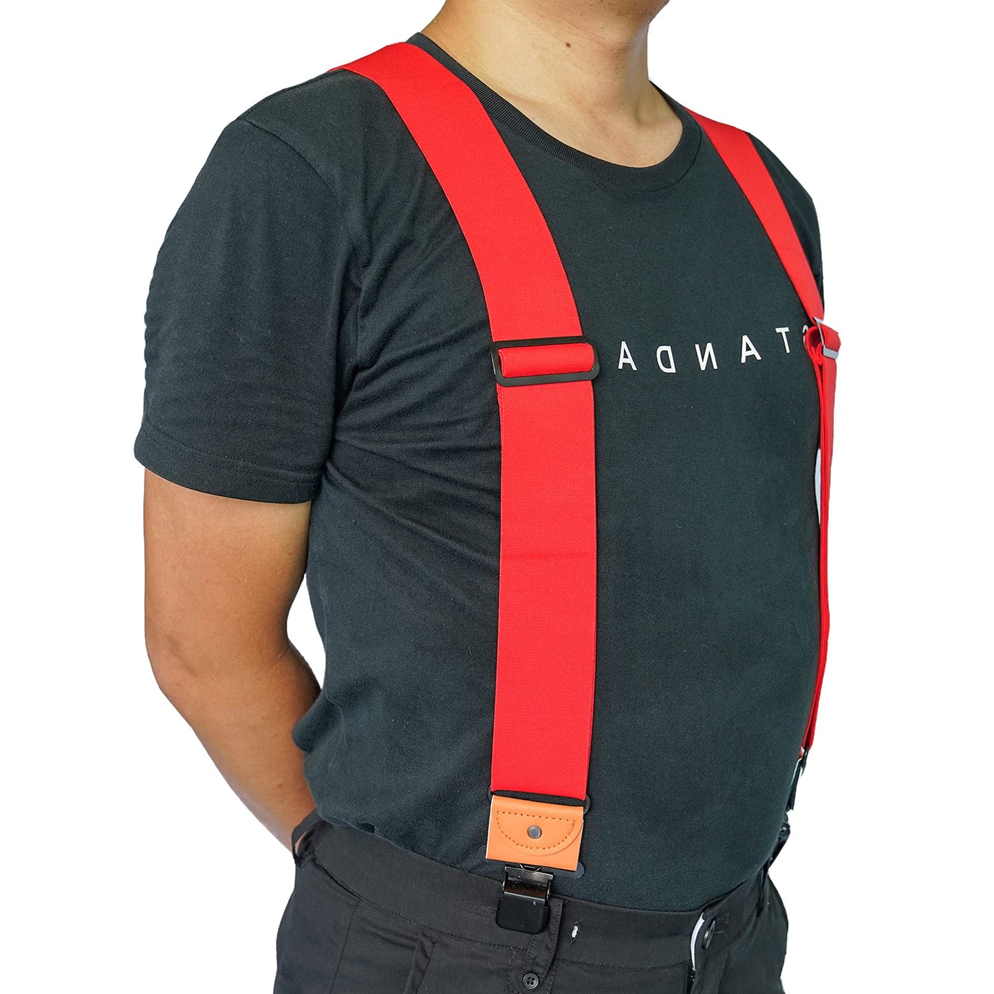 MELOTOUGH Men's Industrial Strength Suspenders Partial Elastic Tradesperson's Suspenders 2 inch Wide Tool Belt Suspenders (Red)