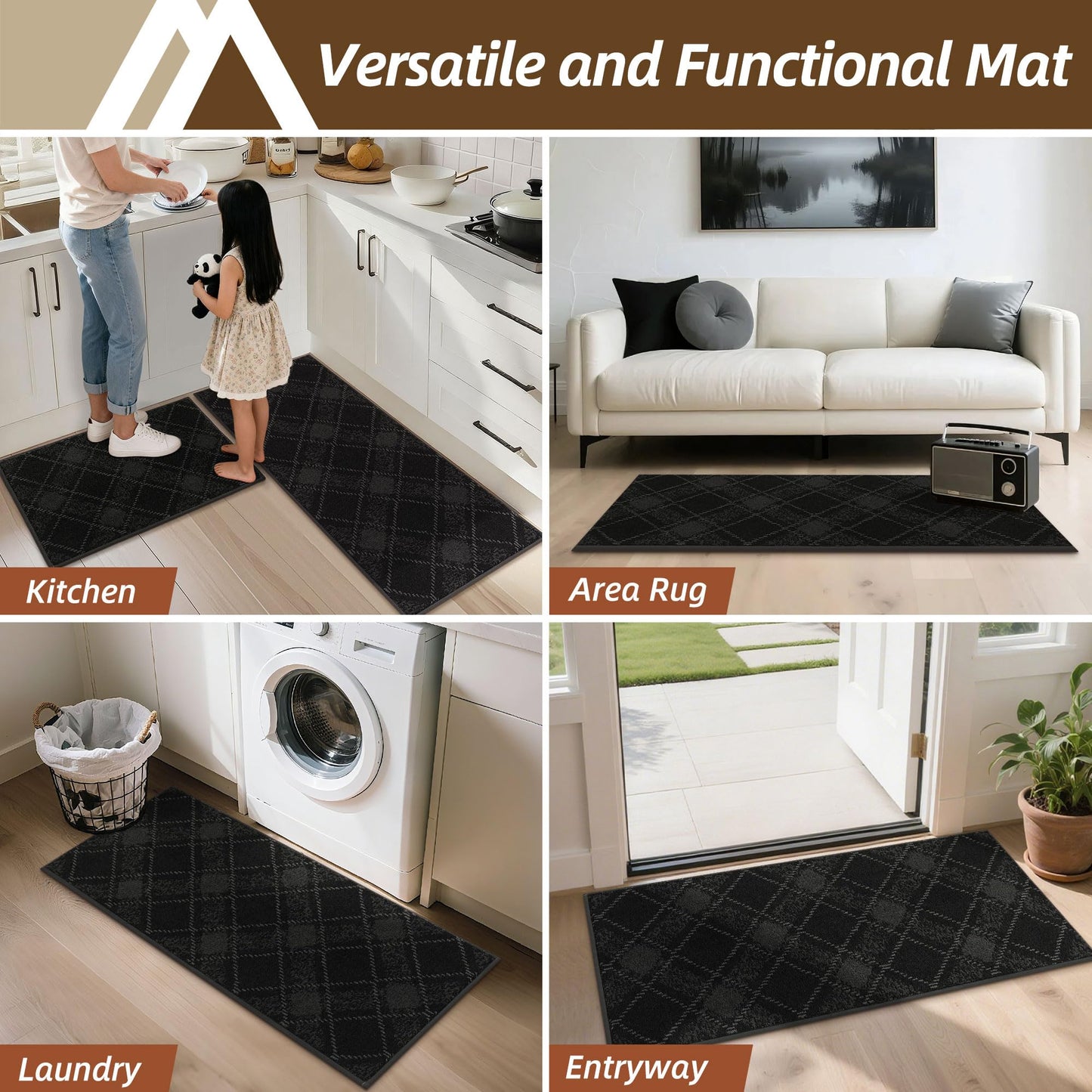COSY HOMEER Kitchen Rugs and Mats Sets 2PCS Non-Slip Soft Kitchen Mats for Floor Absorbent and Stain Resistant Kitchen Floor Mat Washable Plaid Rugs for Kitchen,20"x32"+20"x48",Black