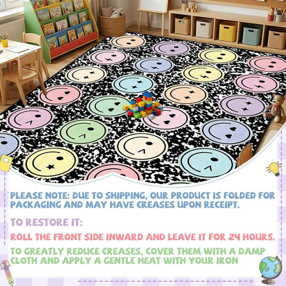 7.6x12 ft Large Smile Face Classroom Rug Happy Face Educational Area Mat Composition Notebook Play Carpet Back to School Learning Mat for Preschool Playroom Nursery Kindergarten(Black and White)