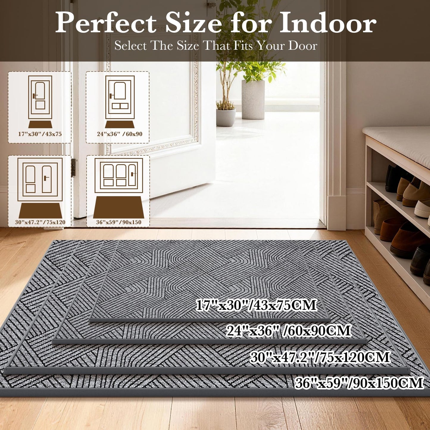 Naoloture Indoor Door Mat 30"x47" Large, Low-Profile Welcome Front Door Mat Indoor Entrance, Non Slip Rubber Backing Inside Doormat Washable Entryway Dirt Resistant & Absorbent Entry Mat, Light-Gray