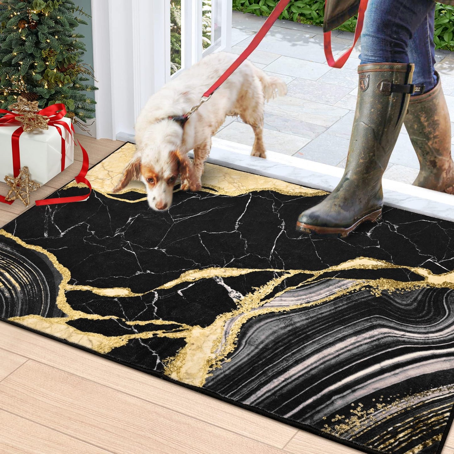 ASPMIZ Black and Gold Area Rug 2x3 Marble Entryway Rug Non-Slip Washable, Modern Indoor Door Mat Small Throw Rugs for Kitchen, Soft Faux Wool Floor Carpet Front Door Rugs Low Profile