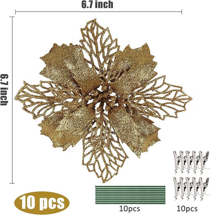 RECUTMS 10 Pcs Christmas Glitter Poinsettia Flowers Picks Christmas Tree Ornaments 6" Wide for Xmas Tree Wreaths Garland Holiday Seasonal Wedding Decoration (Gold)