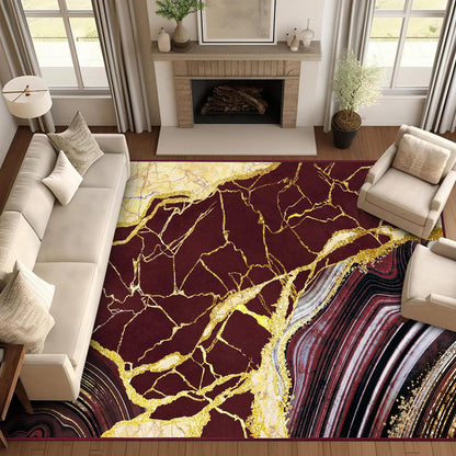 ASPMIZ Marble 9x12 Area Rug Red and Gold Washable Rugs for Living Room, Soft Faux Wool Bedroom Rugs Non Slip Modern Floor Carpet Low Profile Extra Large Throw Rug for Dining Room Home Office Decor