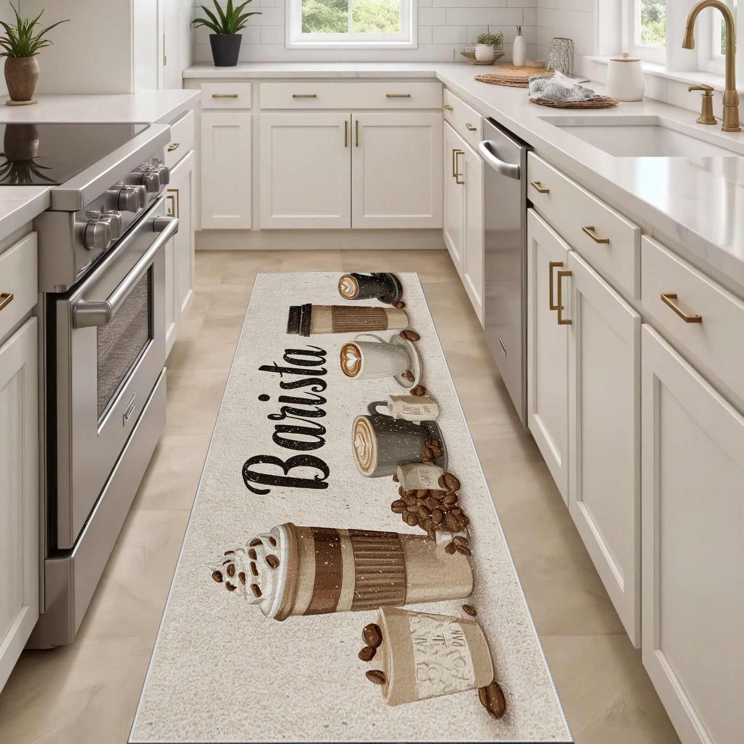 Barista Coffee Runner Rug for Hallway 3x10 Coffee Cup Kitchen Rugs Non Slip Washable, Farmhouse Cafe Latte Mocha Art Decor Carpet, Soft Low Pile Runner Rug for Entryway Laundry Living Room Bedroom