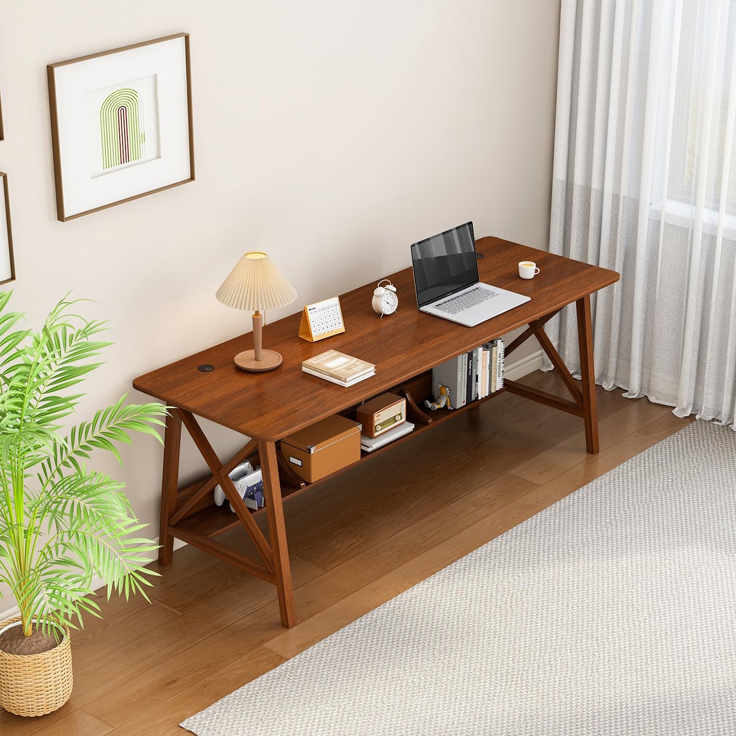 NELYE Extra Long Desk with Bookshelf - Wooden Home Office Work Study Table, Writing Computer Workstation with Storage Shelf in Walnut, 55" Wx20 Dx30 H