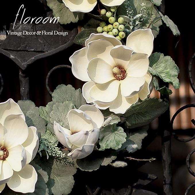 Floroom Floral Wreath, 18" Artificial White Magnolia Wreath for Front Door Wedding Decorations Wall Decor