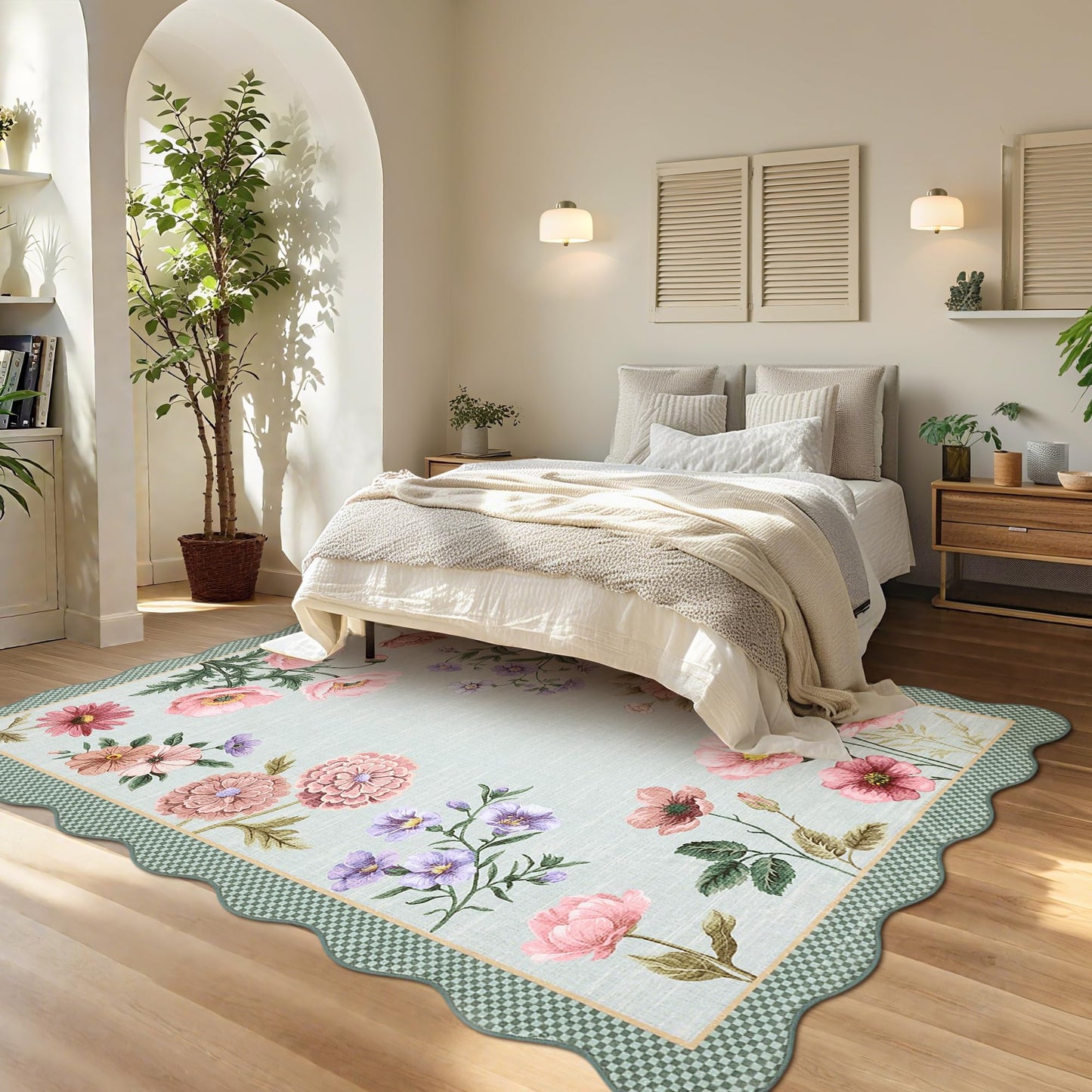 GarveeHome Floral Scalloped Living Room Rug, 5x7 Area Rugs Ultra-Thin Soft Washable Rug, Non-Slip Rugs for Bedroom Stain Resistant Boho Low-Pile Throw Carpet for Dining Room Nursery, Blue
