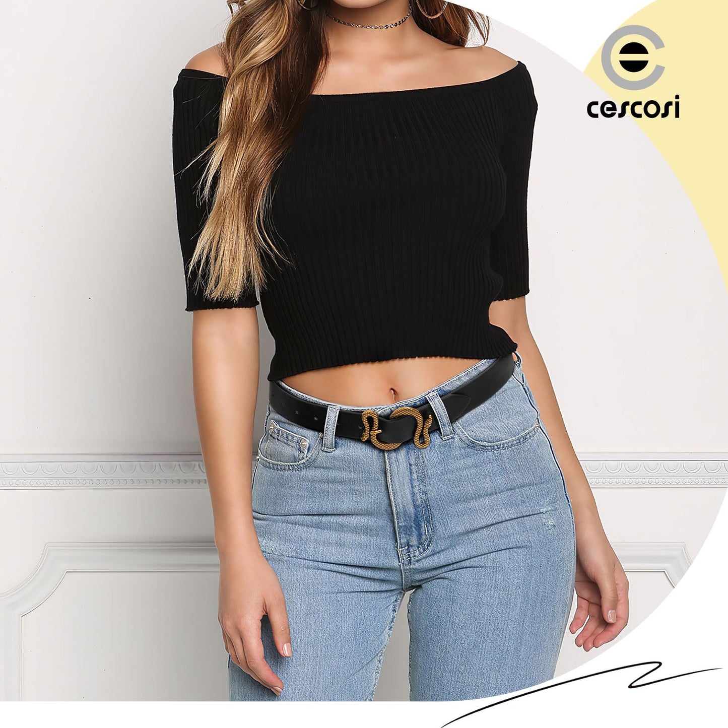 CESCOSI Women Leather Belt with Snake Buckle Fashion Women Belt for Jeans Pants Dresses,A-Black
