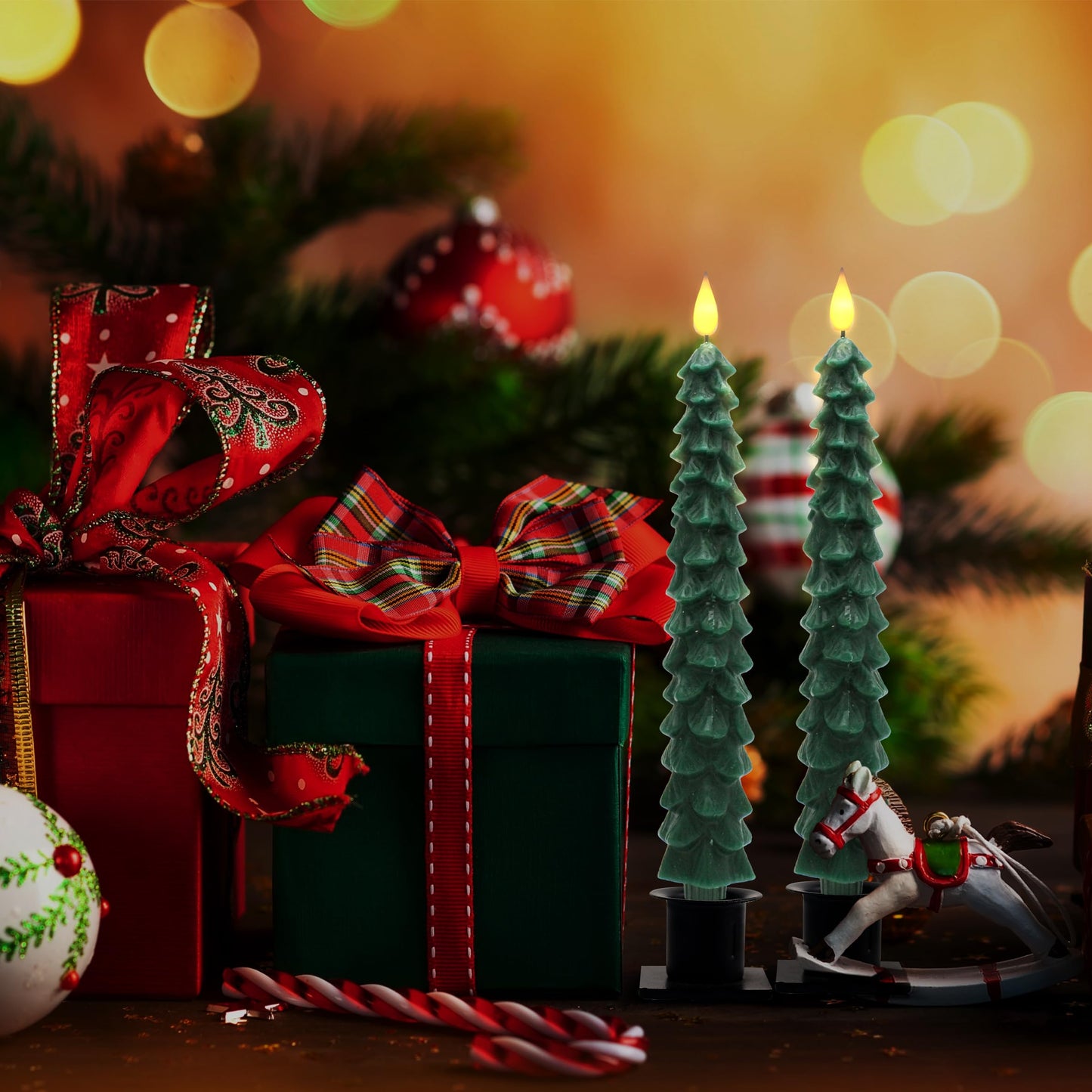 CVHOMEDECO. Christmas Tree Candles Battery Operated Taper Candle with Remote and Timer, Christmas LED Flameless Flickering Candles for Christmas Decor. 11.5 Inch, Pack of 2