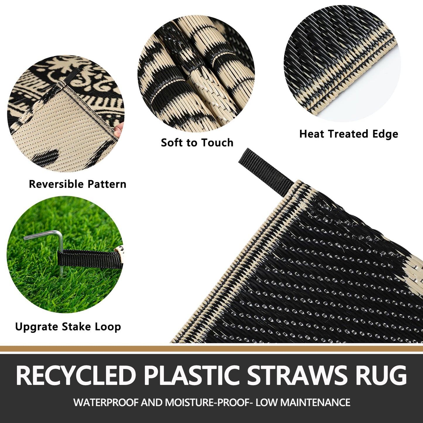Capslpad 5x8 Outdoor Rug Waterproof Camel Boho Floral Patio Carpet Portable Plastic Straw Rug Foldable Outside Carpet with Carry Bag for RV Backyard Balcony Bench Picnic Porch