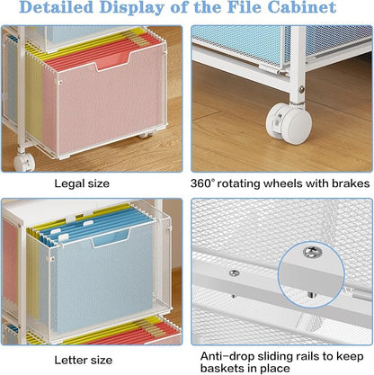 Sbanmao Letter/Legal Rolling File Cabinet, Rolling File Cart with 2 Drawers Filing Cabinet for Home Office, Hanging File Folders Organizer for Under Desk Storage, Mobile Printer Stand, White