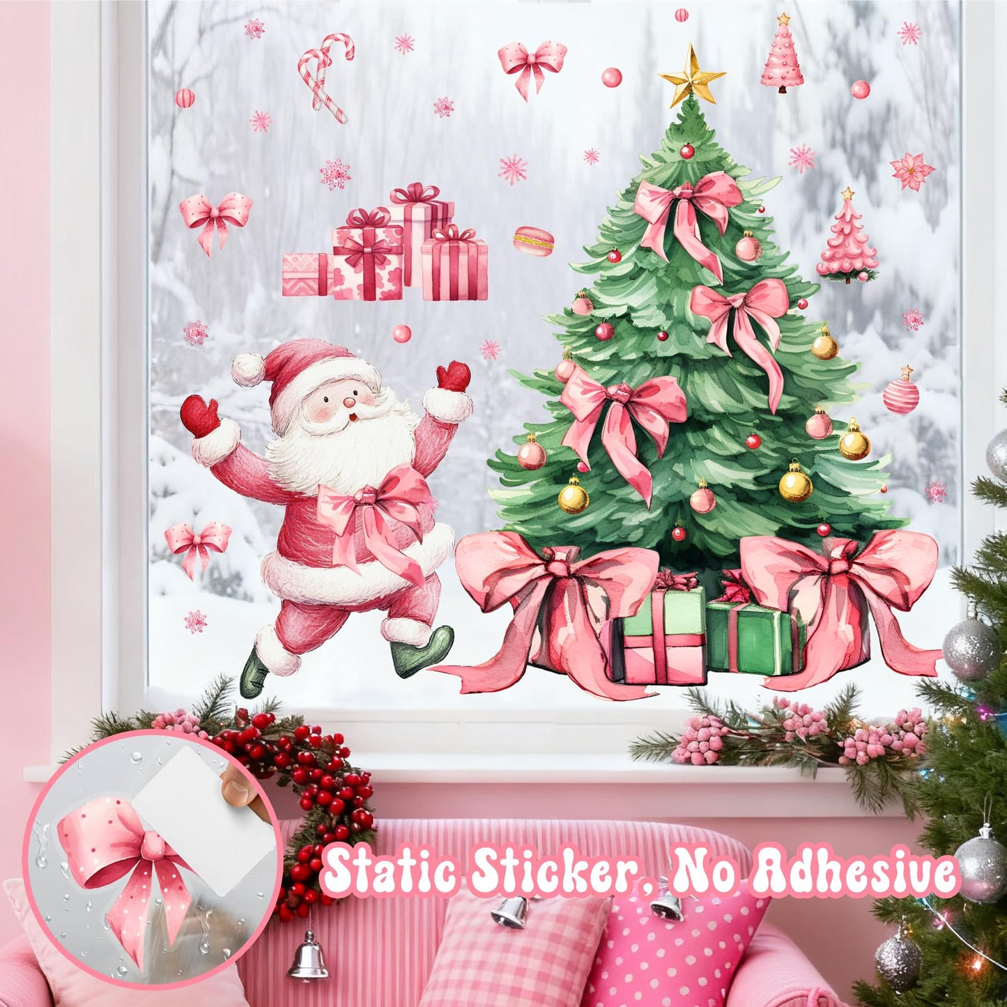 Christmas Decoration Window Decals Pink Bow Xmas Tree Window Clings Indoor Decor Removable Santa Claus Static Cling for Glass Double-Sided Snowflake Glass Sticker for 2026 New Year Living Room Supply