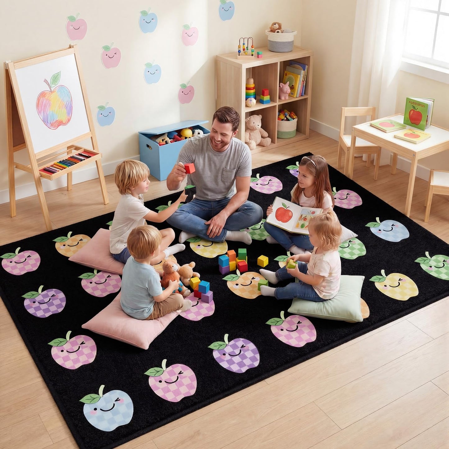 Breling Pastel Apple Classroom Rug 7'6" x 12' Large Classroom Carpet Fun Durable School for Learning Centers Primary Kindergarten Nursery Learning Play Group Activities Mat Back to School Decor