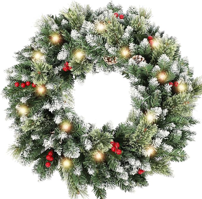 24 Inch Christmas Wreaths for Front Door with Lights,Lighted Artificial Flowering Pine Door Wreath,Prelit Faux Green Winter Wreath with Pine Cones and Red Berry for Indoor Outdoor Decor