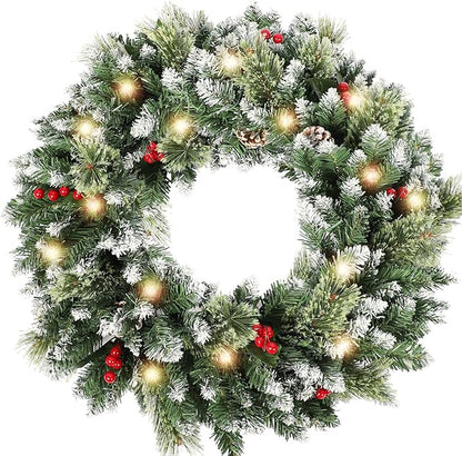 24 Inch Christmas Wreaths for Front Door with Lights,Lighted Artificial Flowering Pine Door Wreath,Prelit Faux Green Winter Wreath with Pine Cones and Red Berry for Indoor Outdoor Decor