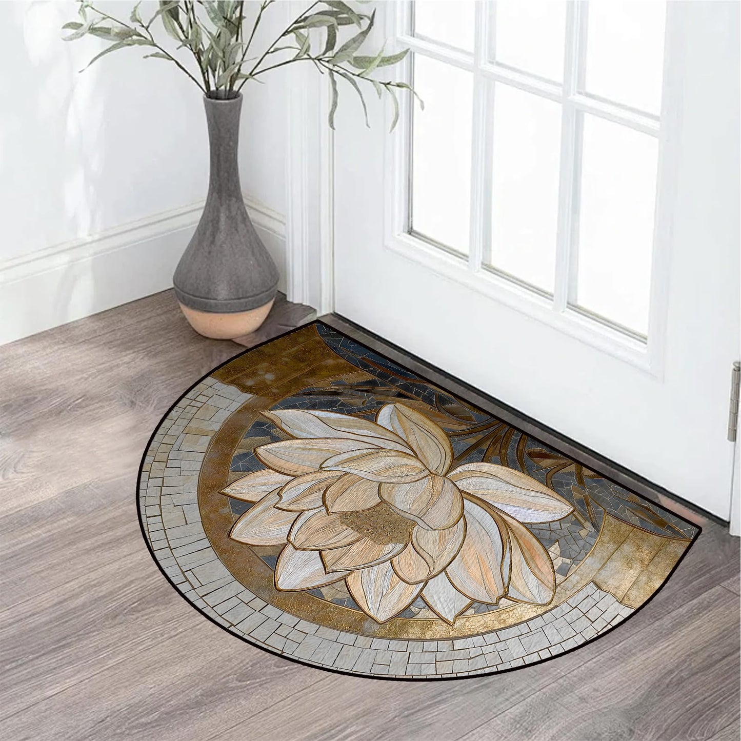 NYZE Semi Circle Door Mat Half Round Welcome Mat Non Slip Low-Pile Absorbent Half Circle Entryway Rug for Bathroom Bedroom Laundry Room(White Lotus, 24"×36")