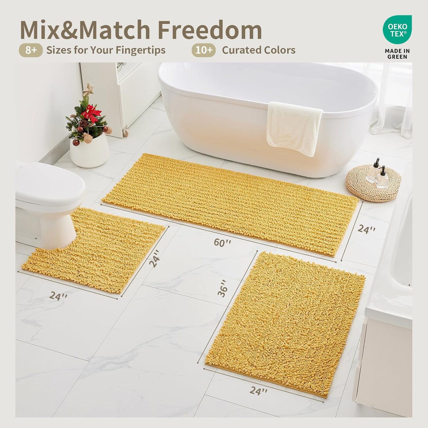 Ruggnovea Toilet Rugs U-Shaped Mat 24x24, Contour Bathroom Mat - Ultra Soft & Absorbent Chenille, Quick-Dry, Machine Washable with Non Slip Barrier Backing, Yellow