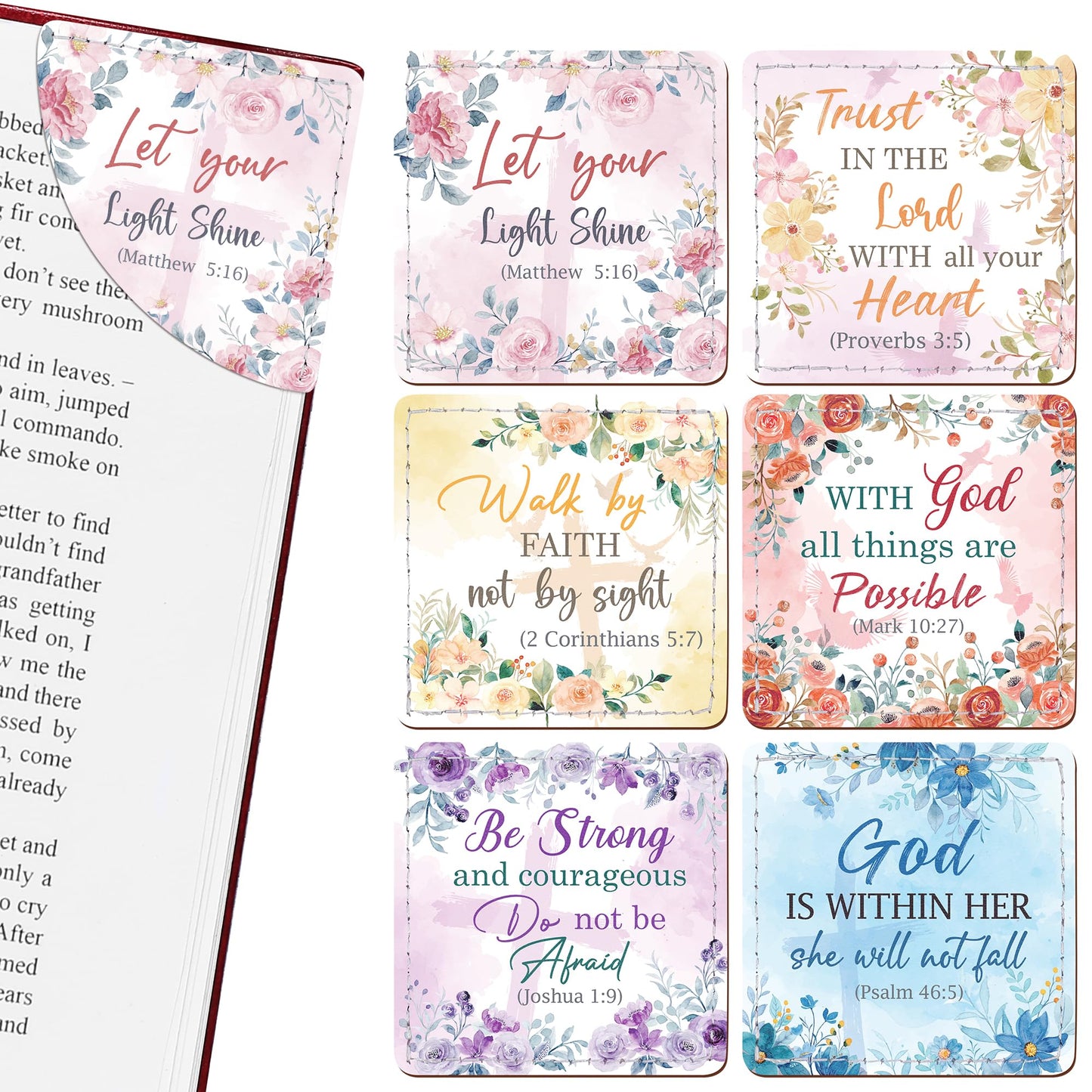 Celavoy Christian Leather Bookmark Gifts - 6 Pcs Bible Verse Cross Corner Bookmarks for Women Book Lover Religious Flower Page Markers Reading Accessories Bookish Gift for Birthday Christmas Church