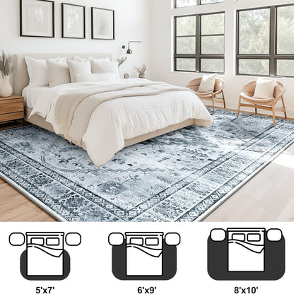 BESTSWEETIE 8x10 Area Rug for Living Room Washable Rugs No Pile Carpet for Entryway Bedroom Dinning Room Playroom Vintage Boho Carpet Print Distressed Non-Slip, 8 x 10 ft, Gray Black