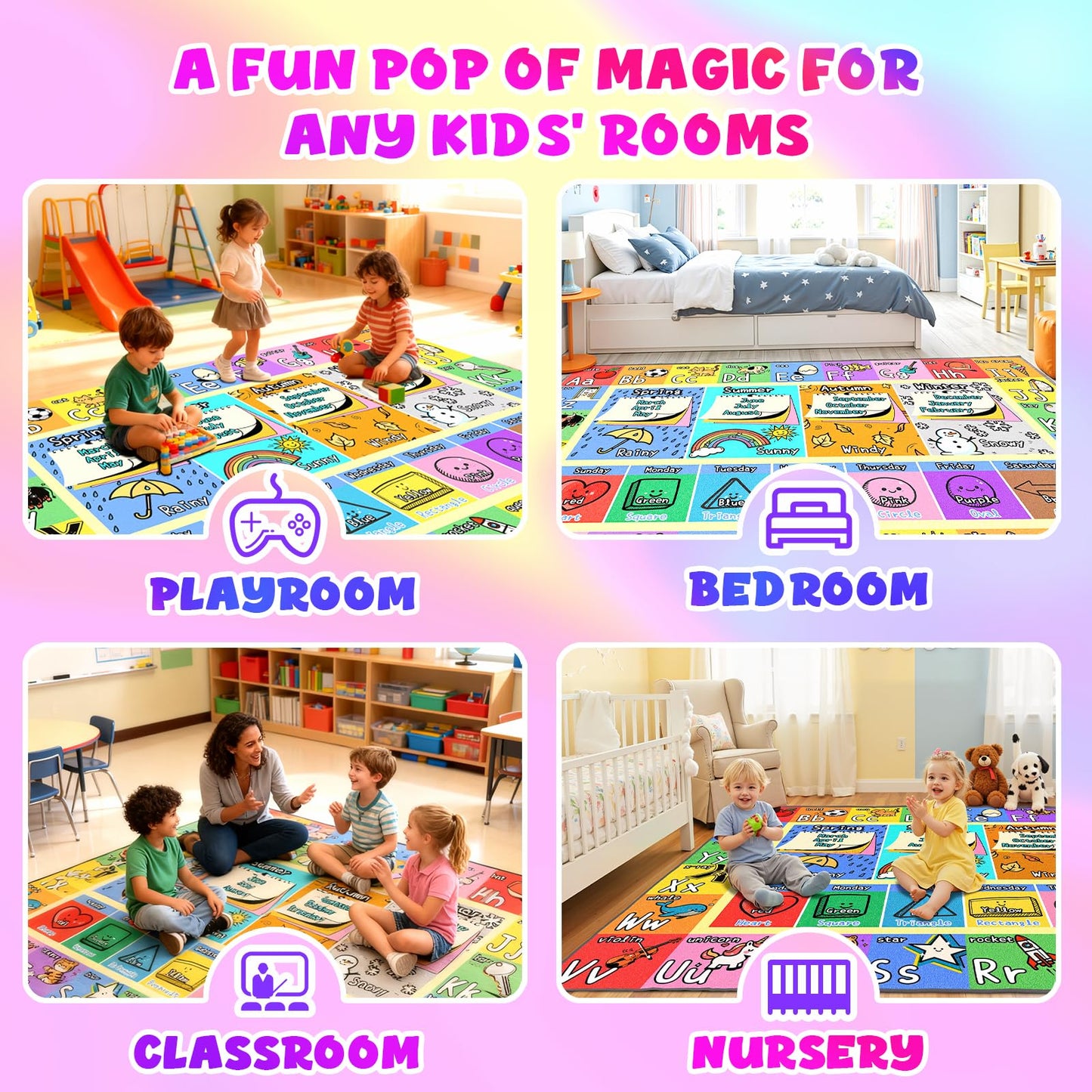 ABC Kids Playroom Rug 3x5 - Soft & Non-Slip Educational Play Mat, Preschool Classroom, Daycare Rug with ABCs, Colors, Shapes, Seasons, Washable Playmat for Toddler Nursery & Kids Room (36x60 Inch)