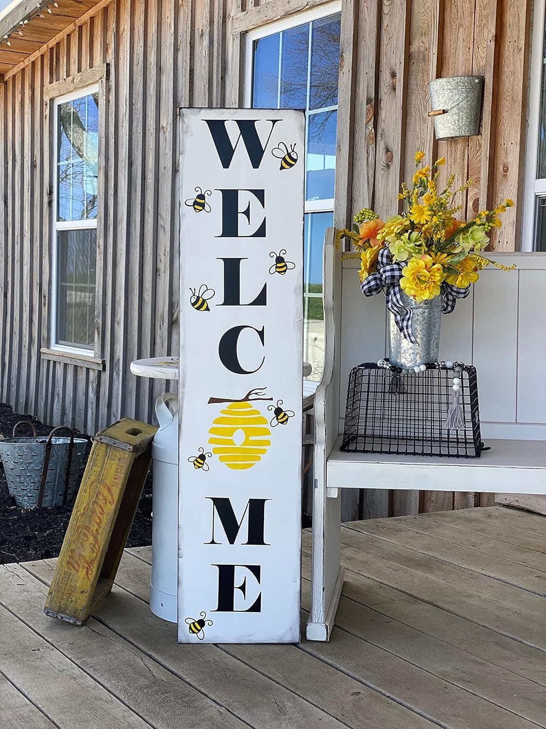 Rustic Wood Plaque Tall Porch Sign. Bee Porch Sign. Welcome Signs. Bumble Bee Hive. Wooden Signs With Sayings 6" x 16"