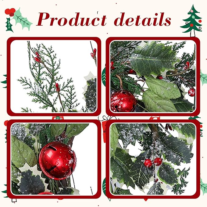 YNYLCHMX 20 Inch Winter Wreath for Front Door, Winter Wreaths with Pine Needles Holly Red Bells, Artificial Door Snowy Wreaths for Outdoor Indoor Reef Farmhouse Windows Wall Holiday Decoration
