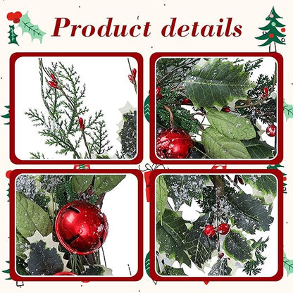 YNYLCHMX 20 Inch Winter Wreath for Front Door, Winter Wreaths with Pine Needles Holly Red Bells, Artificial Door Snowy Wreaths for Outdoor Indoor Reef Farmhouse Windows Wall Holiday Decoration