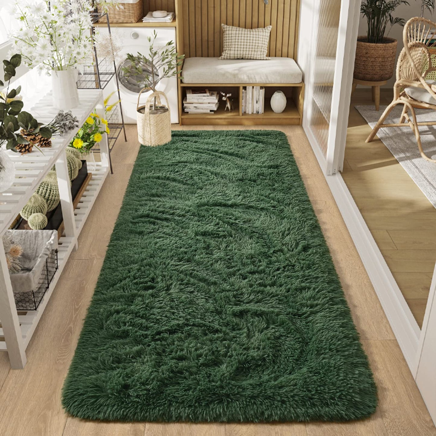 DweIke Fluffy Dark Green Runner Rugs for Bedroom, 2x6 Feet Soft Plush Long Runners for Girls Boys Kids, Non-Slip and Machine Washable Bedside Rug, Small Throw Carpet for Hallway Rooms Decor